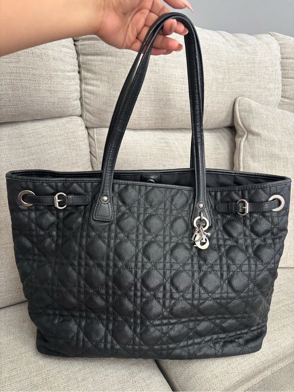 Dior Cannage Panarea Black Quilted Medium Leather Tote with Signature Charms